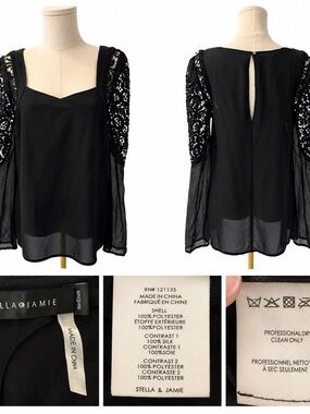 Stella & Jamie Black Chiffon Top with Lace Balloon Sleeves